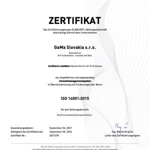 GaMa Slovakia s.r.o. CERTIFIKAT 14001 2021 DE