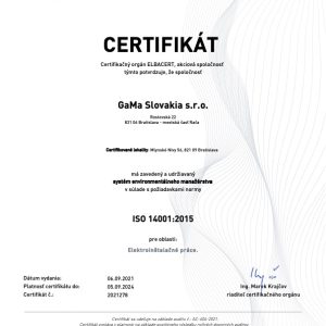 GaMa Slovakia s.r.o. CERTIFIKAT 14001 2021 SK