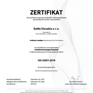 GaMa Slovakia s.r.o. CERTIFIKAT 45001 2021 DE