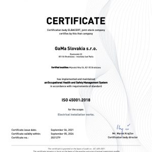 GaMa Slovakia s.r.o. CERTIFIKAT 45001 2021 EN