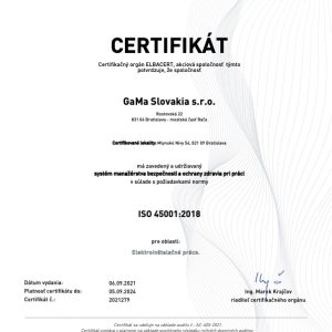 GaMa Slovakia s.r.o. CERTIFIKAT 45001 2021 SK
