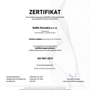 GaMa Slovakia s.r.o. CERTIFIKAT 9001 2021 DE