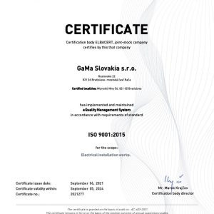 GaMa Slovakia s.r.o. CERTIFIKAT 9001 2021 EN