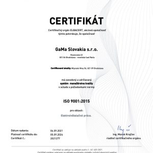 GaMa Slovalkia s.r.o. CERTIFIKAT 9001 2021 SK